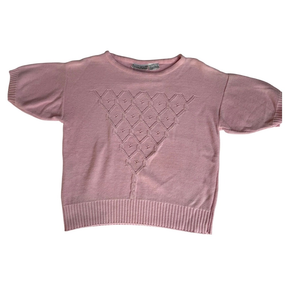 Andrew St John 100% Cotton Pink Knit Sweater Womens Large Short Sleeve Pointelle